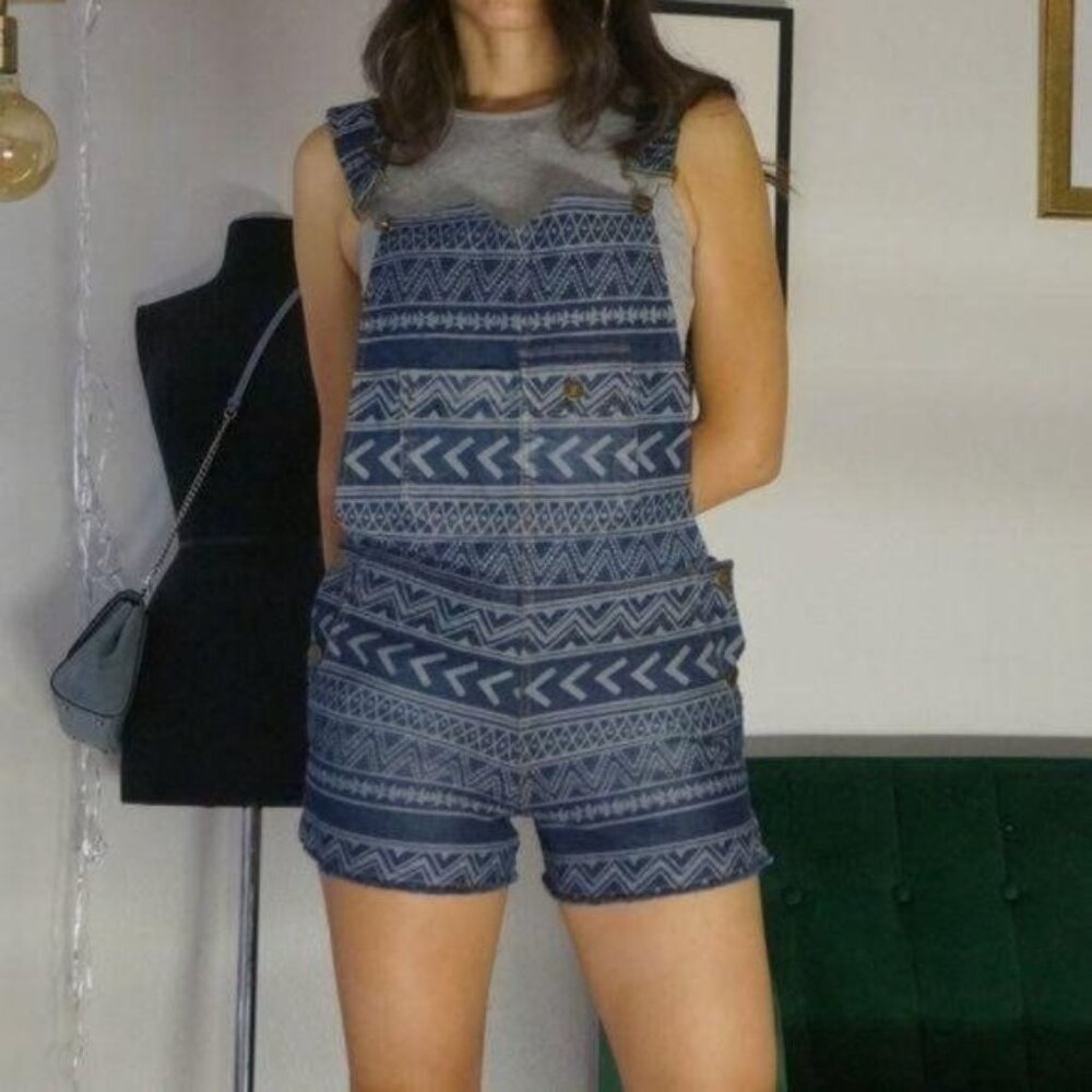 Under Skies Denim Short Overall White Print Size S - Picture 5 of 10